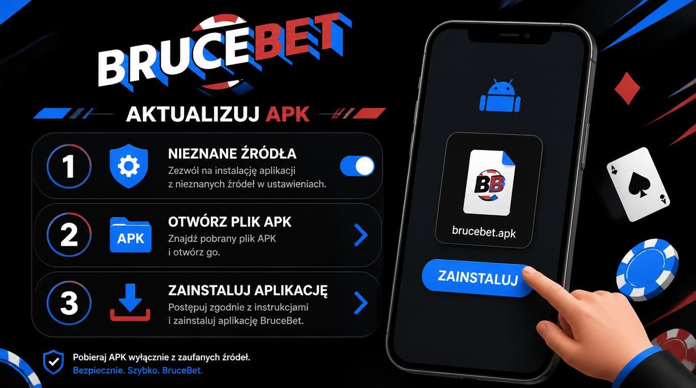 Telefon z Androidem instalujący ręcznie plik APK Bruce Bet, ikona „nieznane źródła” i przycisk „Aktualizuj”