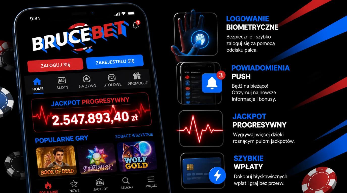 Ikony przedstawiające Face ID, powiadomienia, rosnący licznik jackpotu i płatności