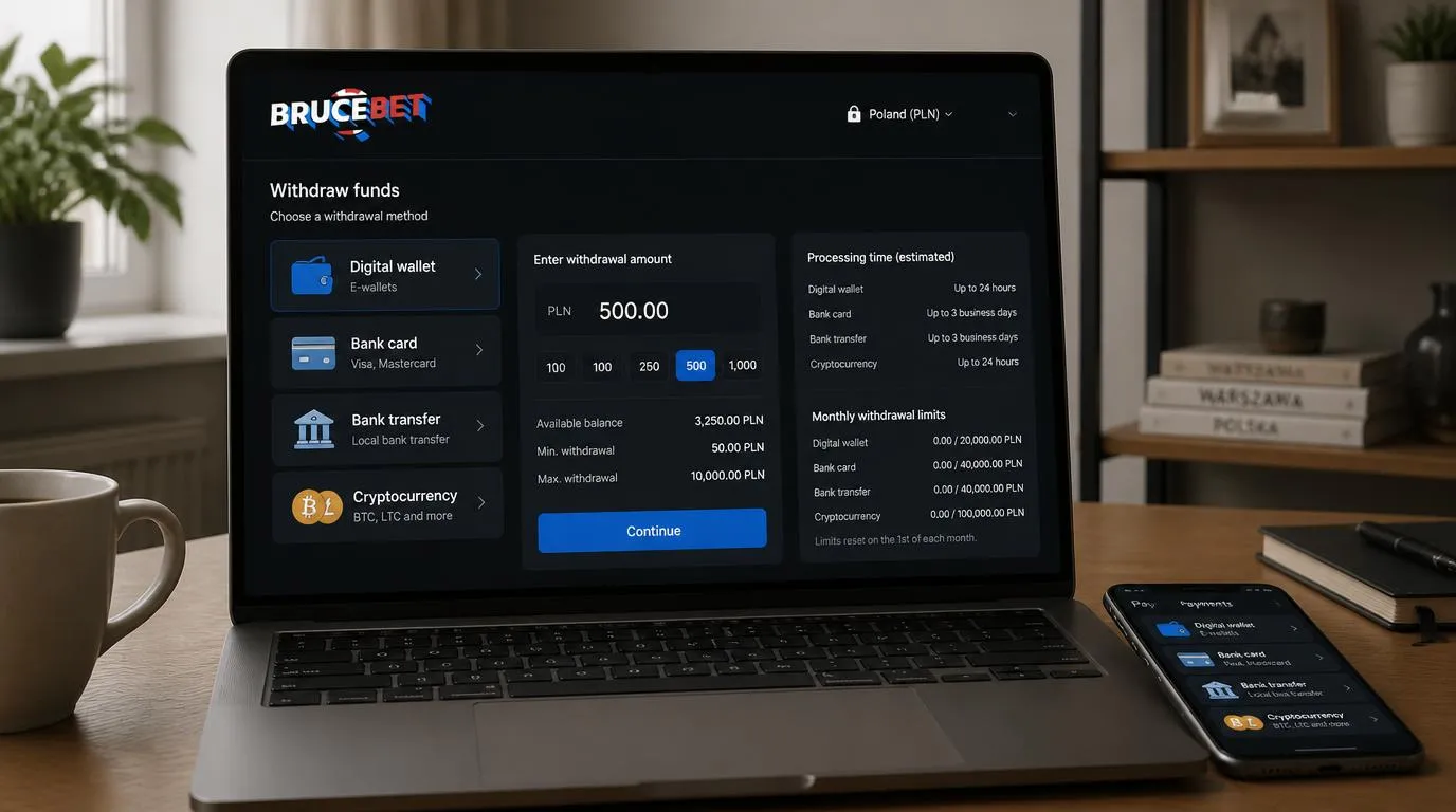Ekran kasy z wyborem portfela, karty, przelewu i kryptowaluty oraz podglądem limitów wypłaty