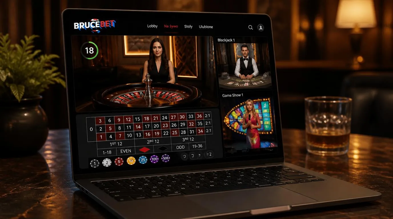 Stół ruletki z krupierką na ekranie HD obok podglądu blackjacka i teleturnieju na żywo